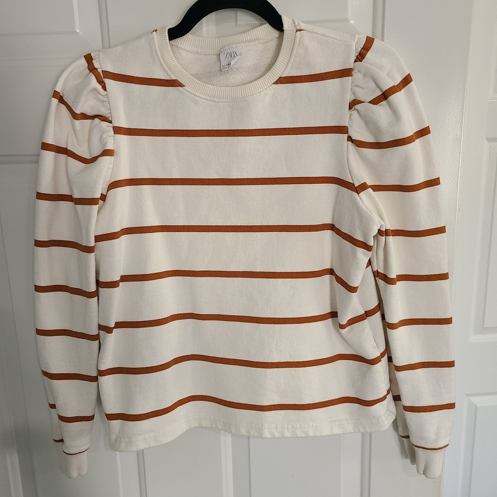 Zara‎ Junior 13-14 Striped Puff Sleeve Sweatshirt Cream Terracotta 164cm